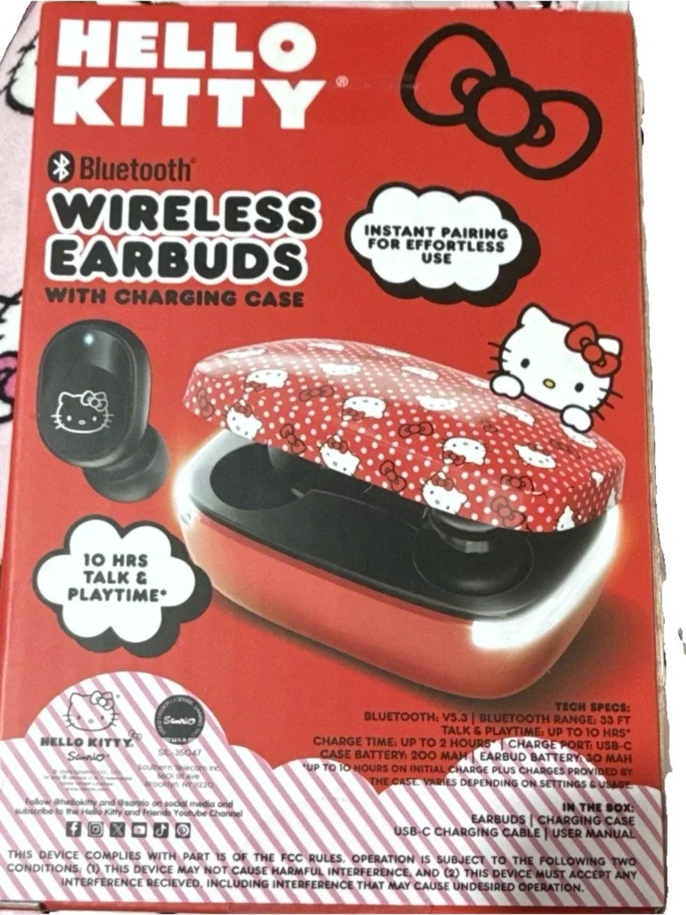 NIB Hello Kitty Black Earbuds with Red Patterned Charging Case